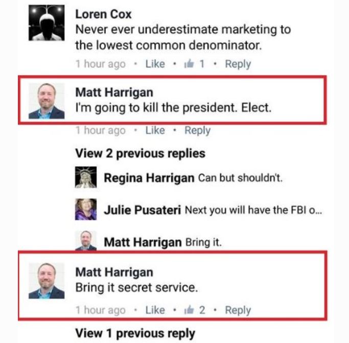 CEO Matt Harrigan Facebook threat