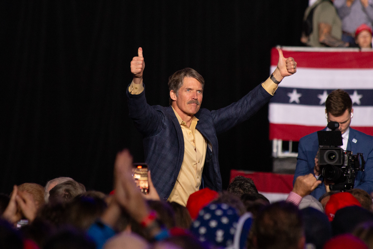 Eric Hovde greets the crowd at the  rally