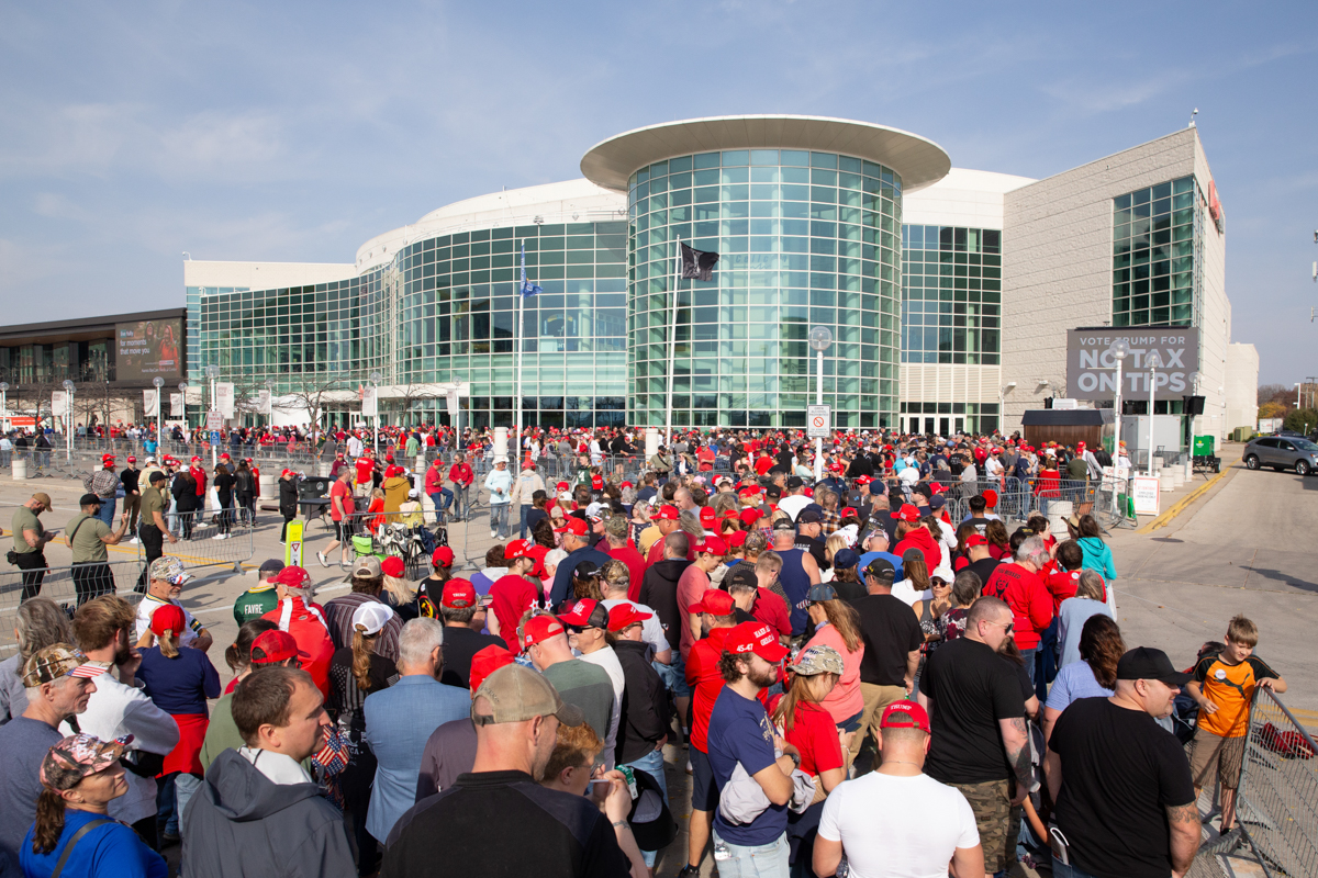 supporters standing outside the Resch Center before the Green Bay rally