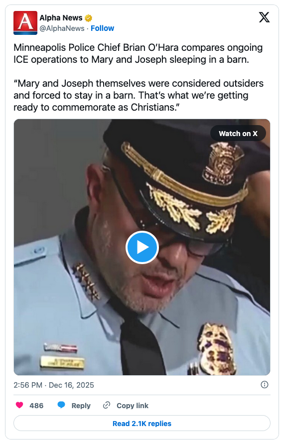 Minneapolis Police Chief Brian O'Hara speaks at a press conference, making a comparison between ICE operations and the Holy Family's experience during Christmas.