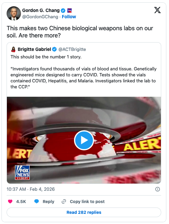 A screen capture from a tweet discussing allegations of Chinese biological weapons labs, featuring a video play button, with a news alert themed background.