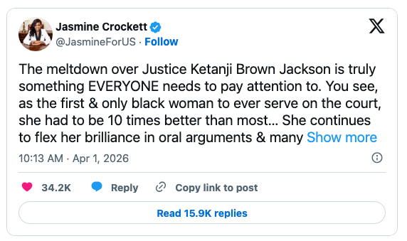 A tweet from Jasmine Crockett discussing Justice Ketanji Brown Jackson's significance as the first and only black woman on the Supreme Court, emphasizing her exceptional abilities in oral arguments.