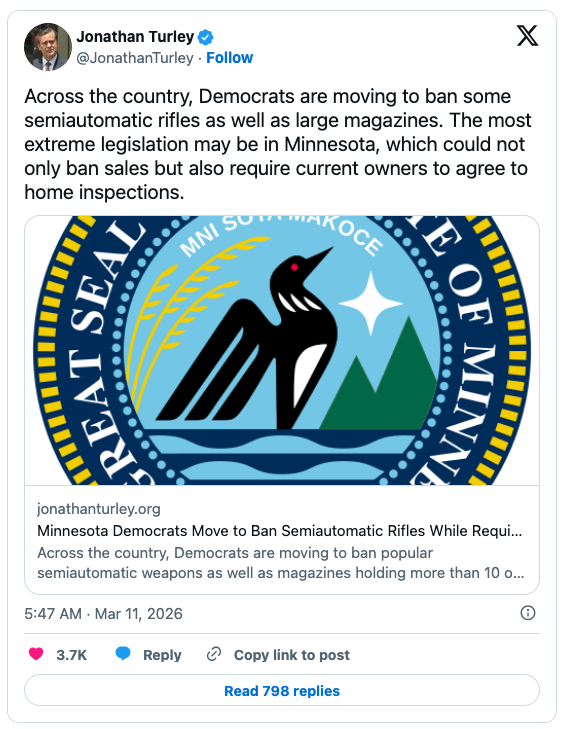 Screenshot of a tweet by Jonathan Turley discussing proposed legislation to ban semiautomatic rifles and large magazines in Minnesota, featuring the Great Seal of the State of Minnesota in the background.