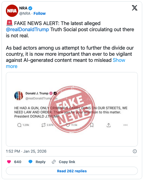 A tweet from NRA declaring a prior post attributed to Donald Trump as fake news, with emphasis on the importance of identifying misleading AI-generated content. The tweet showcases a statement about guns and law enforcement with a red 'FAKE NEWS' stamp over it.
