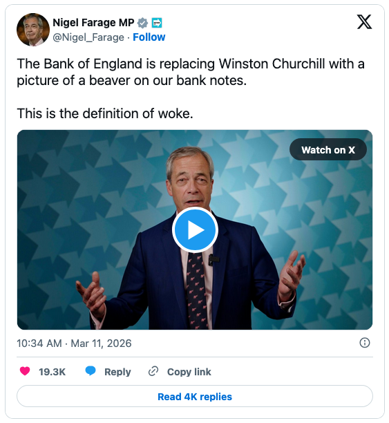 Nigel Farage speaking in front of a star-patterned background, commenting on the Bank of England's change in banknotes.