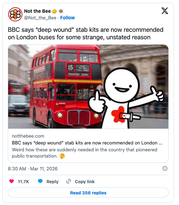 A red London double-decker bus on a city street with a cartoon character holding a first aid kit, expressing confusion about the recommendation for stab kits on public transport.