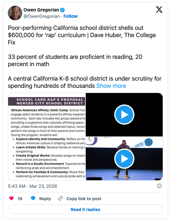 Screenshot of a tweet discussing a central California school district's spending of $600,000 on a rap curriculum, highlighting student proficiency statistics in reading and math.