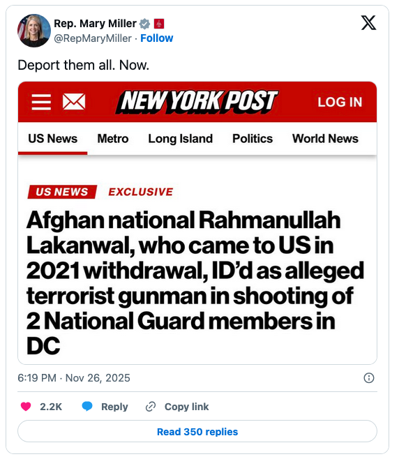 Screenshot of a tweet from Rep. Mary Miller stating 'Deport them all. Now.' and a news headline from the New York Post about an Afghan national identified in a shooting incident involving National Guard members.