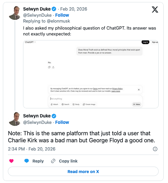 Screenshot of a tweet by Selwyn Duke discussing a question posed to ChatGPT regarding the existence of moral truth, displaying the response 'No' and a note on a previous interaction.