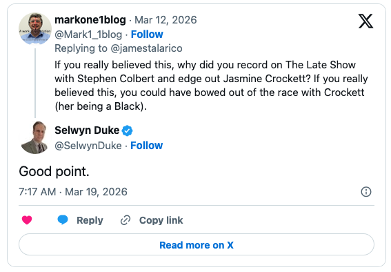 Screenshot of a Twitter conversation between users discussing a comment about a late-night show appearance and race.