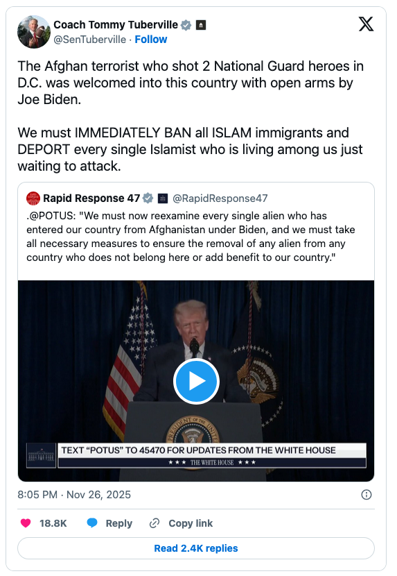 A tweet by Coach Tommy Tuberville criticizing President Biden for allowing Afghan immigrants into the U.S. includes statements about banning Islam immigrants and deporting Islamists, along with a video of a speech by Donald Trump discussing immigration policy.