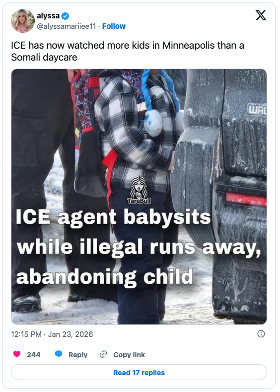 A child standing next to a person, with text overlay discussing an ICE agent babysitting while someone runs away.