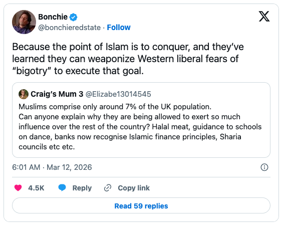 Screenshot of a Twitter post discussing views on Islam and its influence in the UK, featuring two tweets about the Muslim population and their impact.