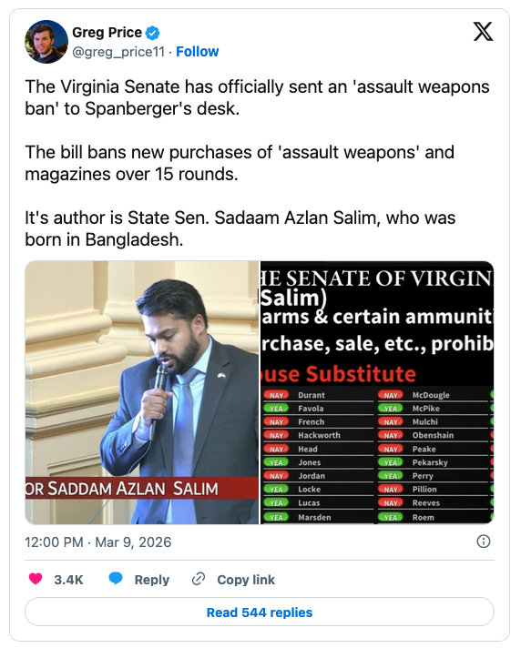 A man speaking at a podium with the sign 'THE SENATE OF VIRGINIA' visible, discussing a bill regarding an assault weapons ban.