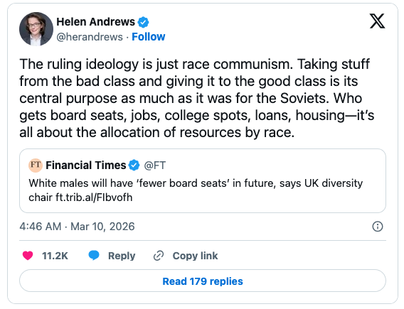 Tweet by Helen Andrews discussing race and resource allocation, referencing a Financial Times article about board seats for white males.
