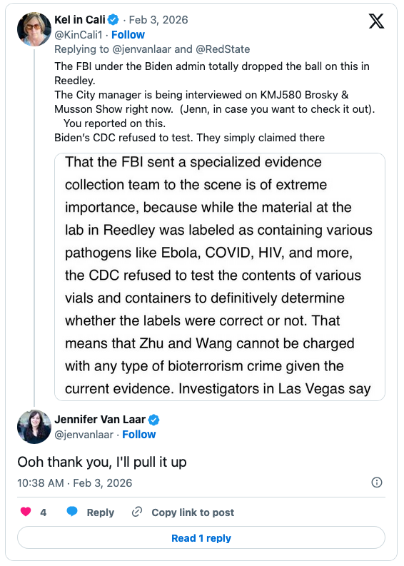 Tweet discussion regarding the FBI's handling of a situation in Reedley, California, involving a lab with materials labeled as containing dangerous pathogens. The CDC refused to test the materials, impacting potential legal actions.