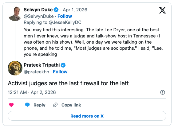 Screenshot of a Twitter conversation between Selwyn Duke and Prateek Tripathi discussing judges and their roles.