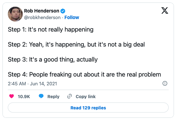 Screenshot of a Twitter post by Rob Henderson outlining four steps regarding a controversial topic, detailing perceptions of reality and reactions.