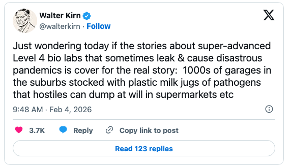 Tweet by Walter Kirn discussing concerns about advanced bio labs and the potential for pathogens to be stored in suburban garages.