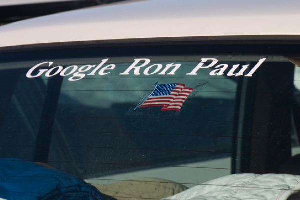 Car sticker in the back window of a Ron Paul fan.