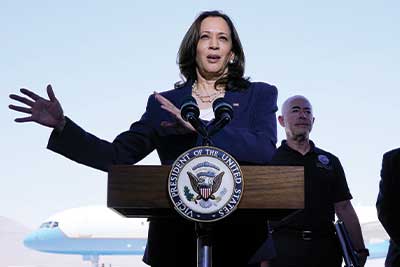 Harris speaks to the media after inspecting border and customs facilities in El Paso, Texas