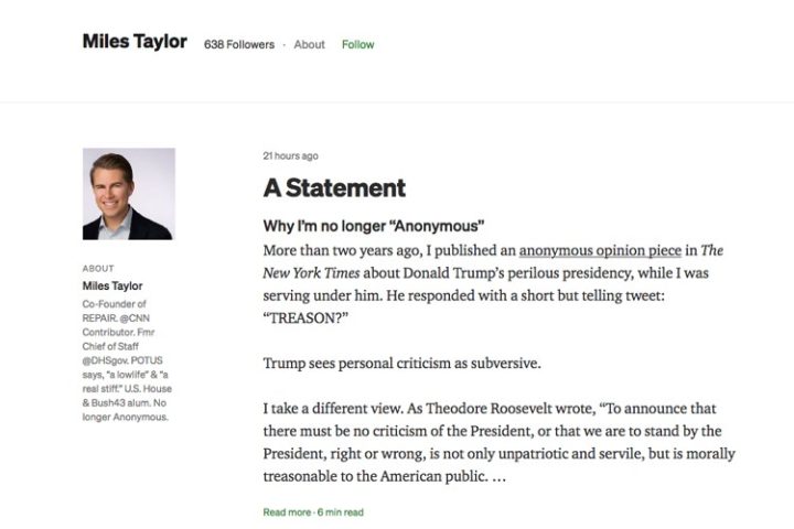 Former DHS Staffer Miles Taylor Admits He Authored “Resistance” Op-ed