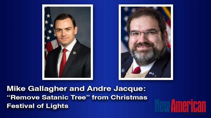 <p>Christian Gomez interviews Congressman Mike Gallagher and state Senator Andre Jaque outside National Railroad Museum about Satanic Temple tree display.</p>
