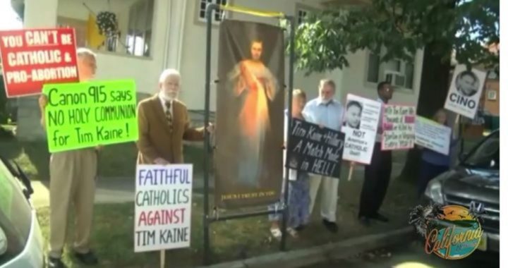 Catholics Outside Kaine’s Church Protest His Defiance of Church Teaching on Abortion