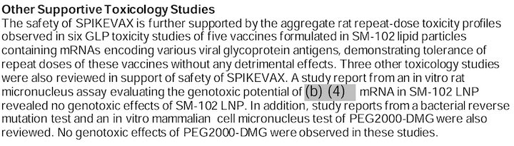 Screenshot of SPIKEVAX toxicology studies description.