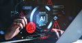 A person interacts with a laptop showing AI chip, warning signs, and error messages in a futuristic style on dark background, symbolizing system failure concept