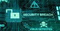 Hacker attack computer hardware microchip while process data through internet network, 3d rendering insecure Cyber Security exploit database breach concept, virus malware unlock warning screen